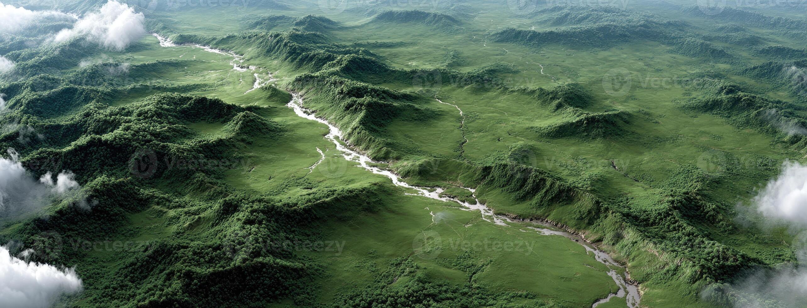 A 3d rendering of a river flowing through a green valley photo