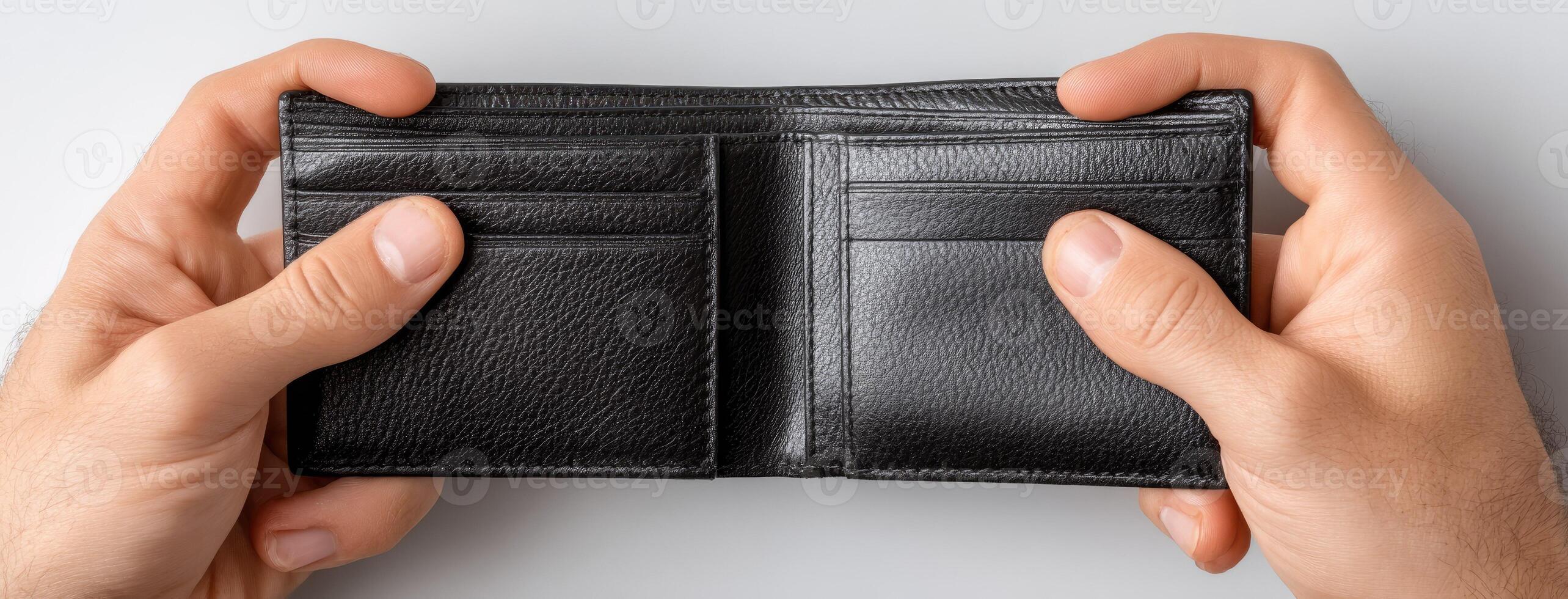 A person holding an empty black leather wallet photo