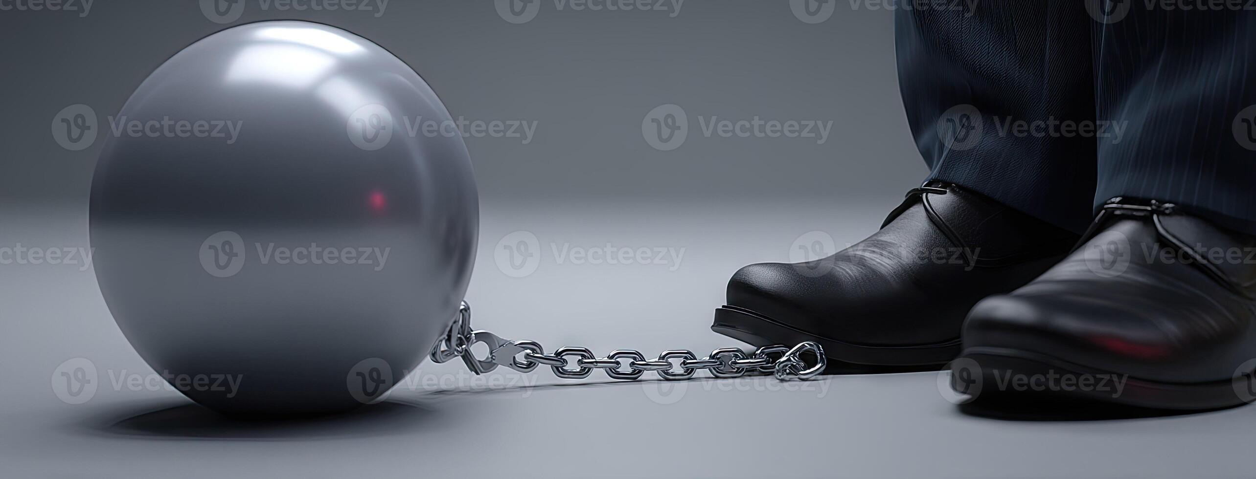 A person in a suit is chained to a ball photo
