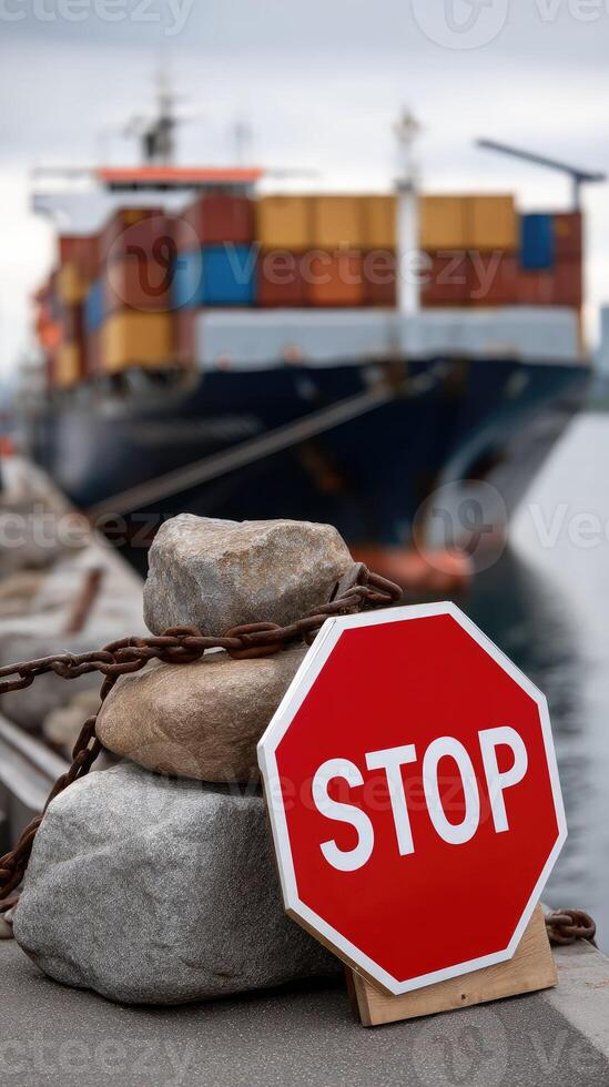 A stop sign is sitting on top of a rock near a ship photo