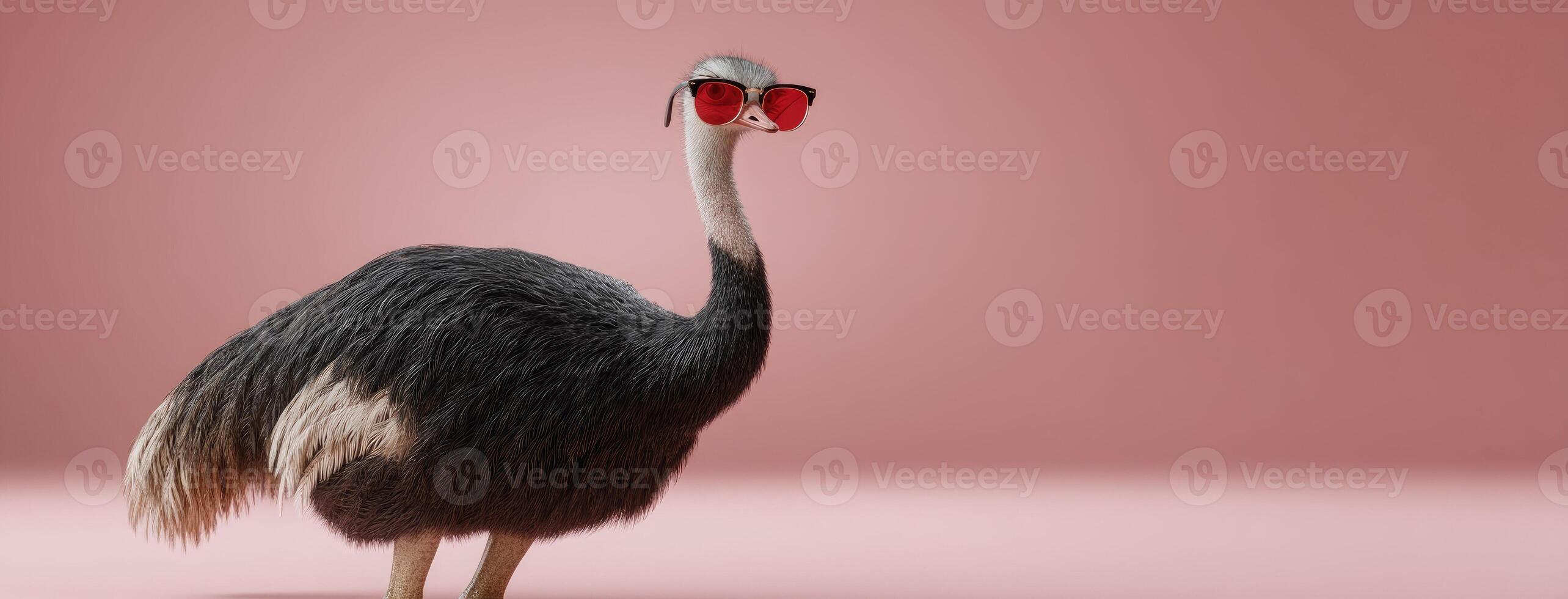 An ostrich wearing sunglasses on a pink background photo