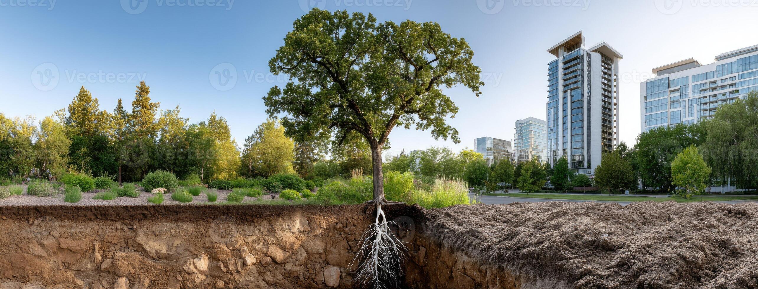 A tree growing out of the ground in front of a city photo