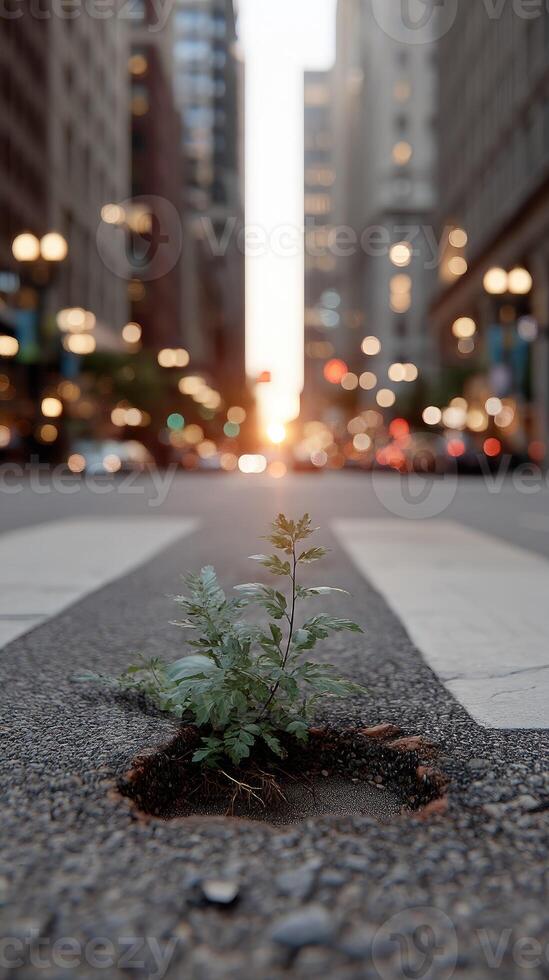 A plant growing out of the ground in the middle of a city street photo