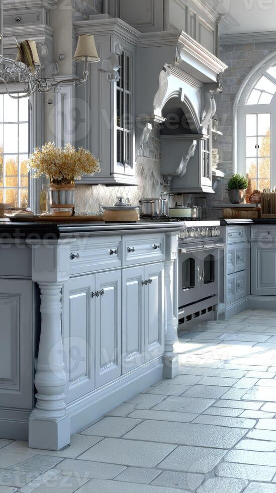A large kitchen with white cabinets and a large island photo