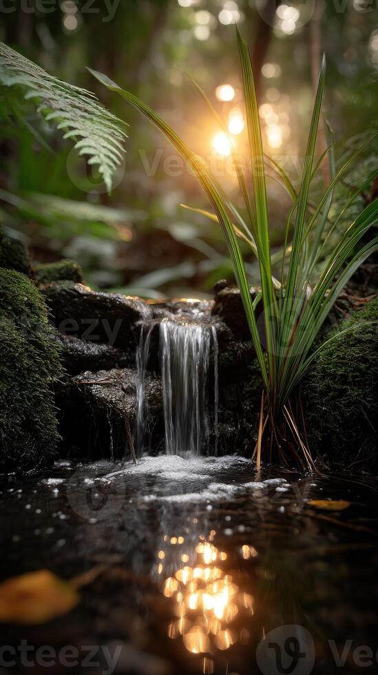 Waterfall in the forest at sunset photo