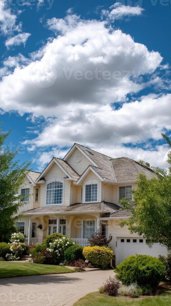A large house with a driveway and a large garage photo