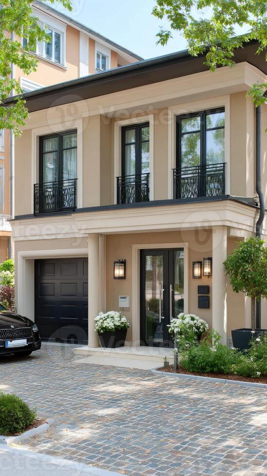A modern home with a driveway and a car parked in front photo