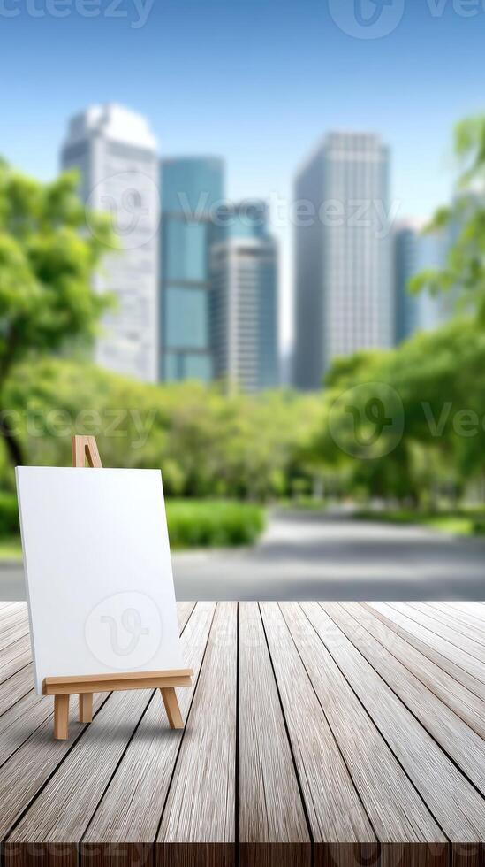 Empty easel on wooden table with cityscape background photo