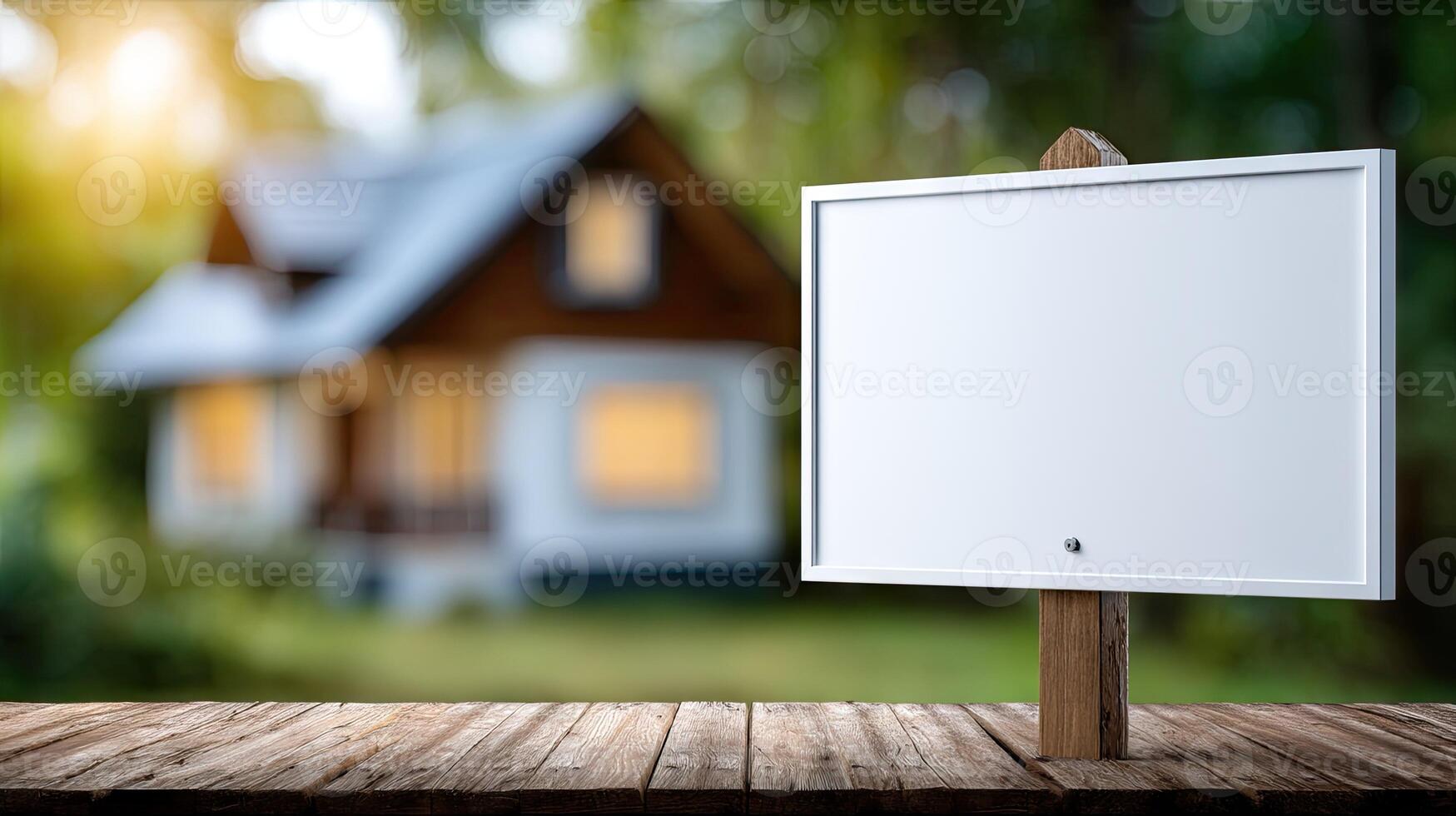 A blank sign on a wooden table in front of a house photo
