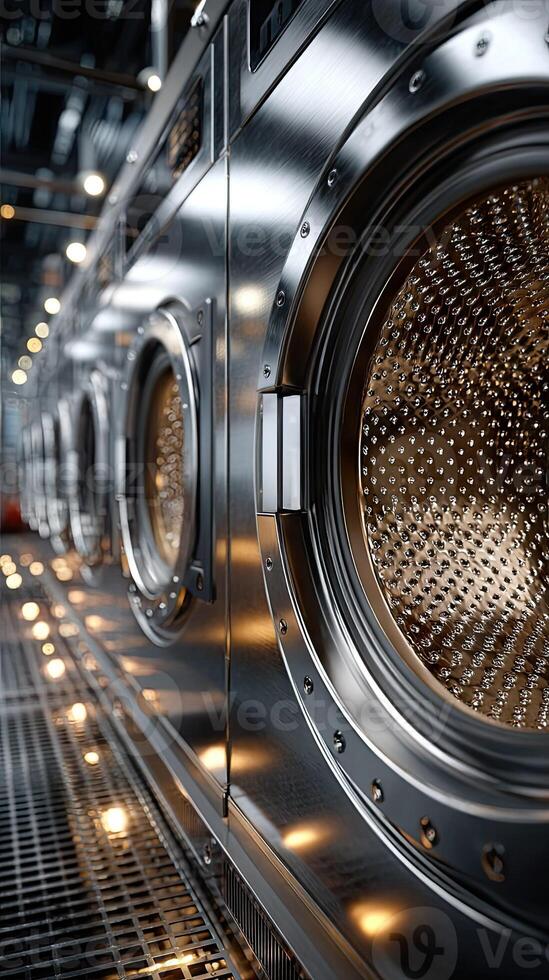 A row of washing machines in a laundry room photo