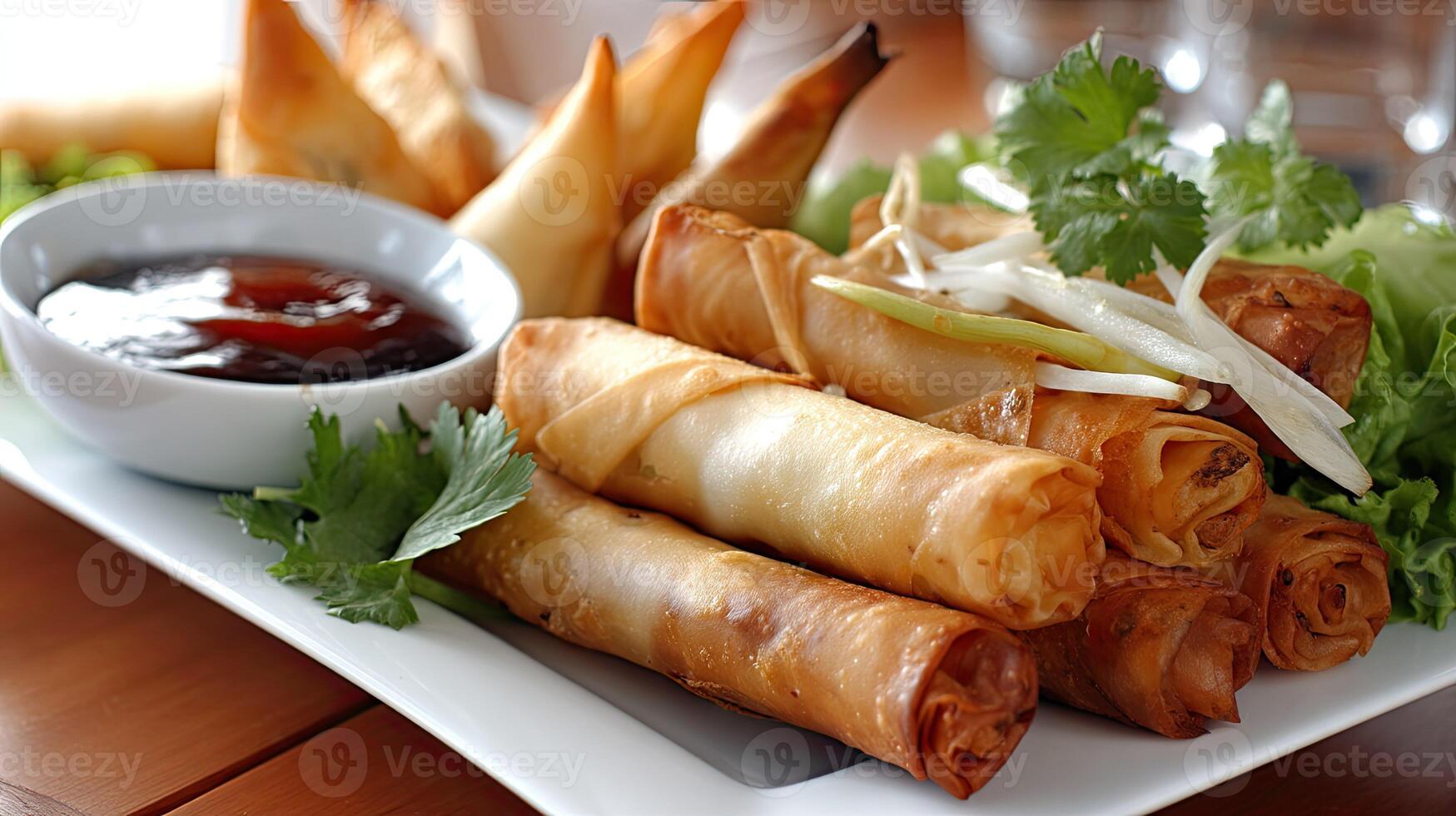 A plate of spring rolls with dipping sauce photo