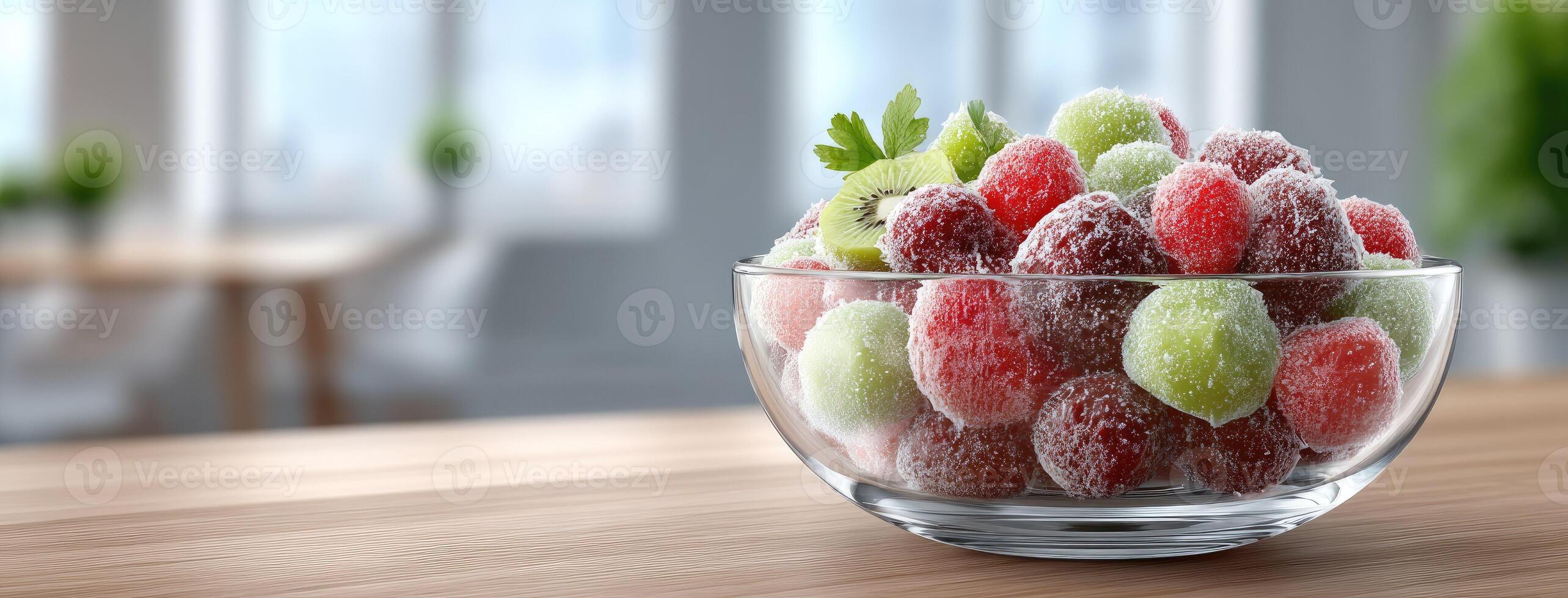 A bowl of fruit in front of a window photo
