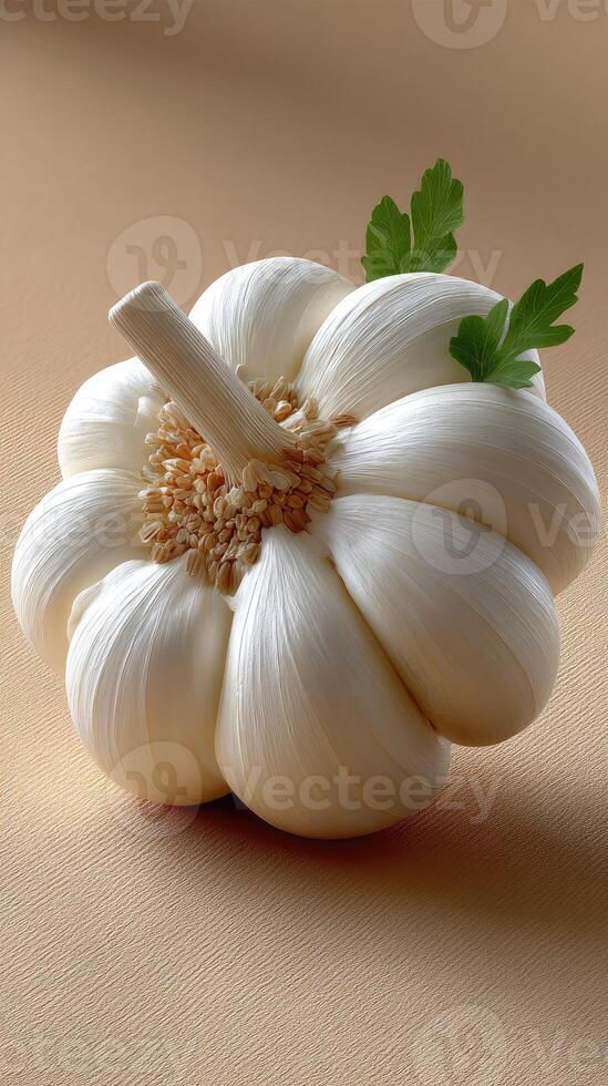 A garlic bulb with leaves on it photo