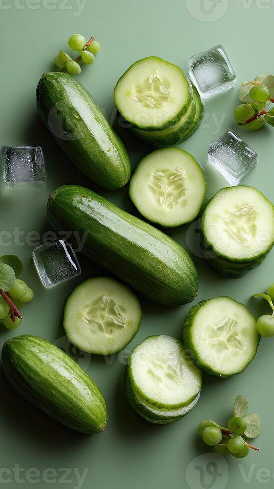 Cucumber slices and ice cubes on a green surface photo