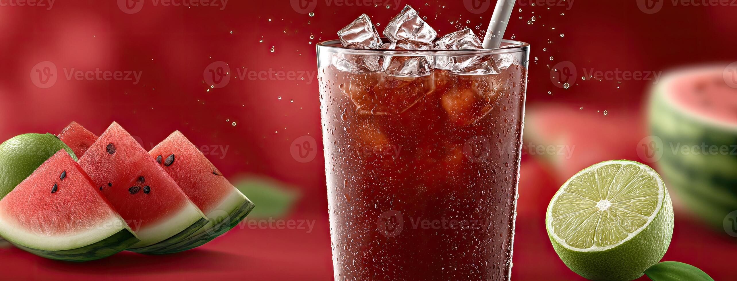 A glass of watermelon juice with lime slices photo
