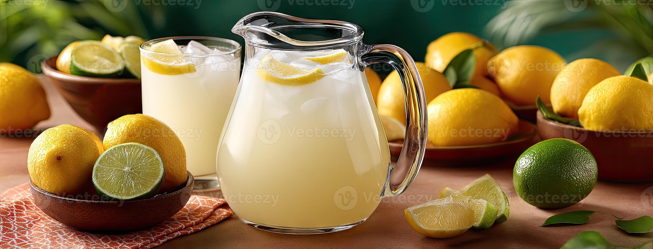 A pitcher of lemonade and a bowl of lemons photo