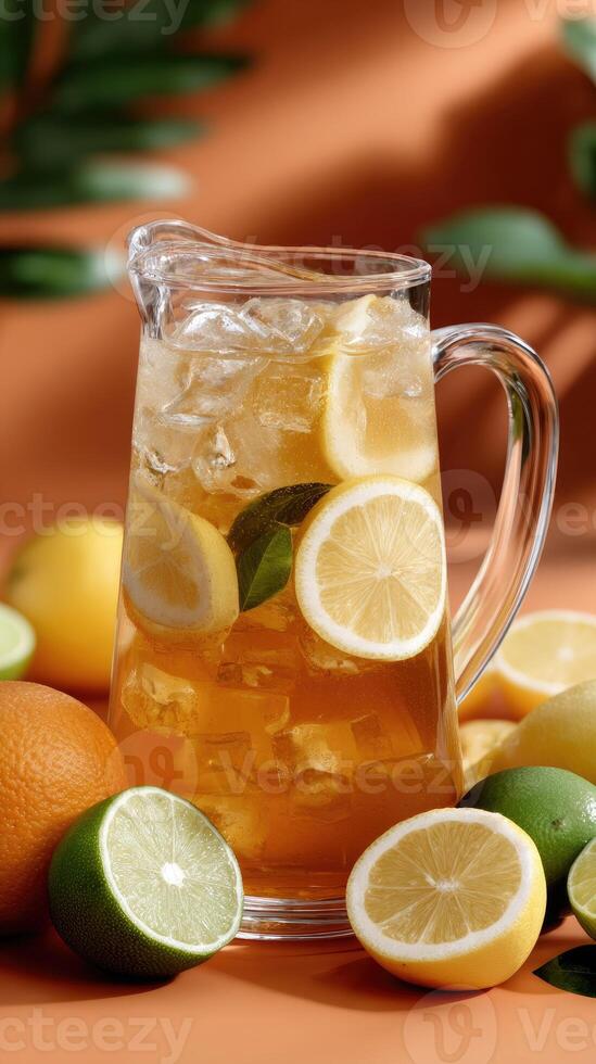 A pitcher of iced tea with lemons and oranges photo