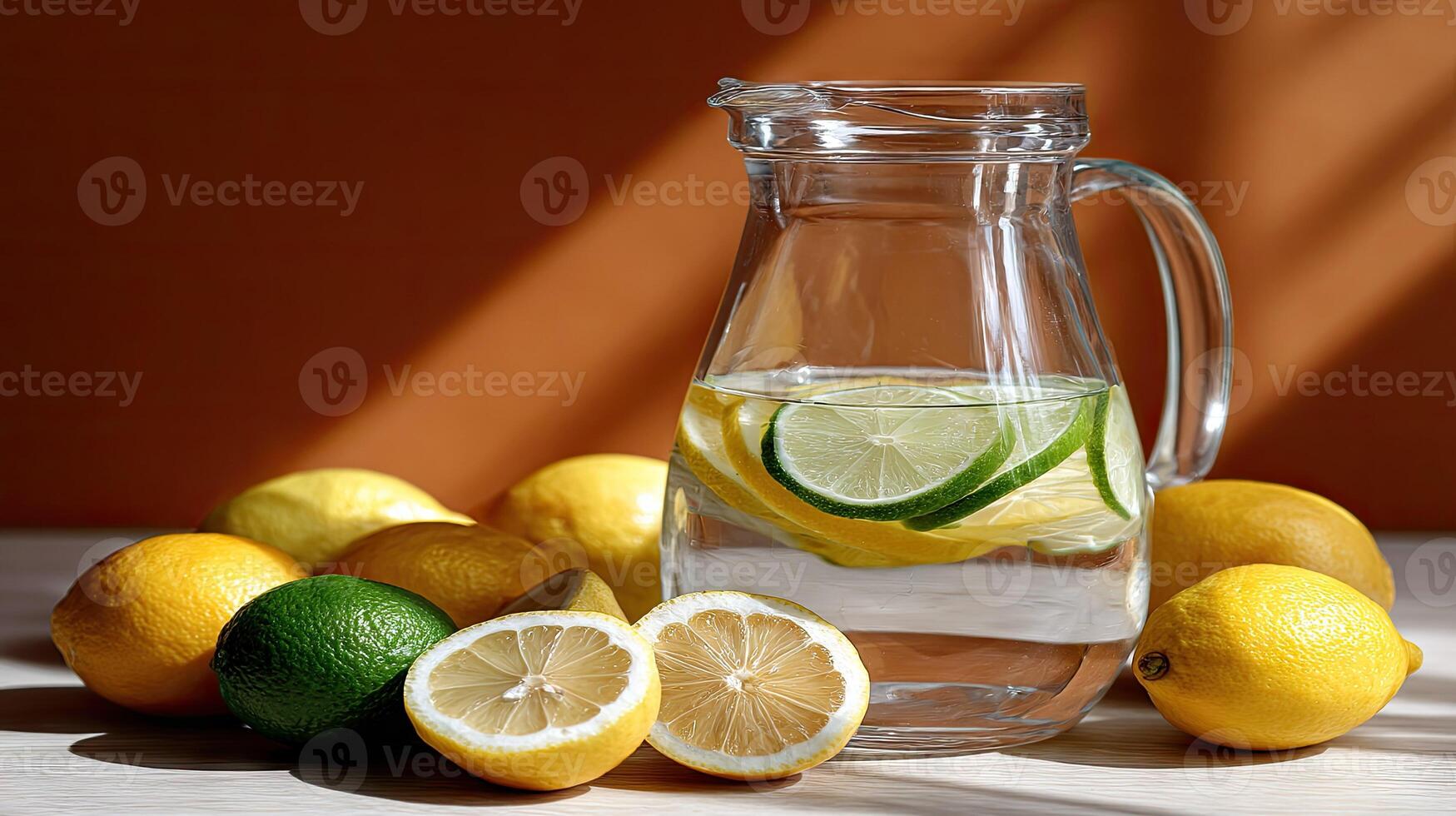A pitcher of water with lemons and limes photo