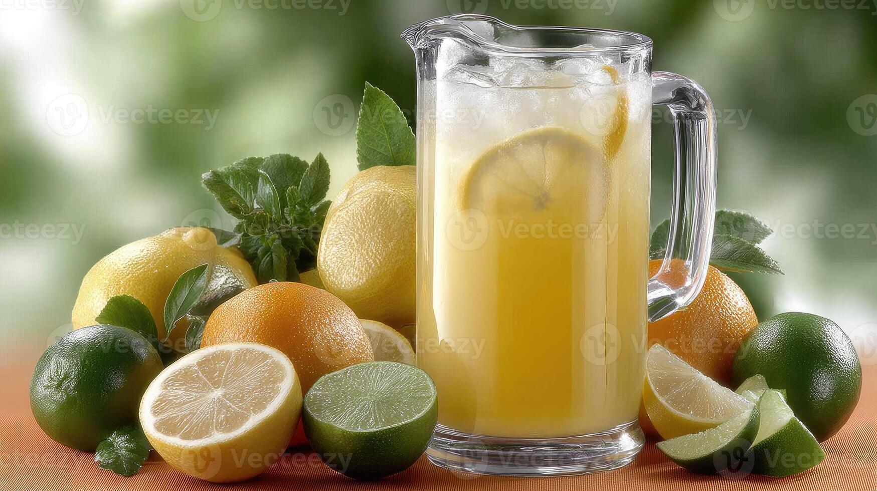 A pitcher of lemonade with lemons and limes photo