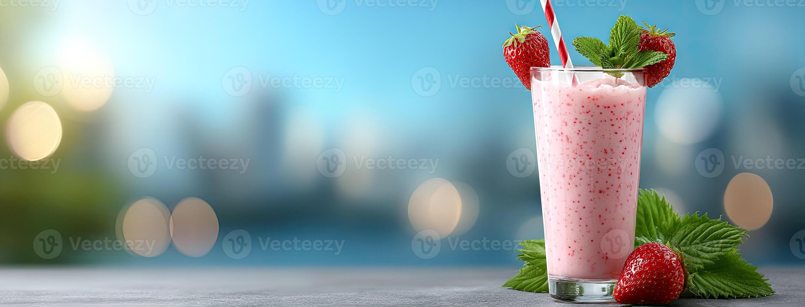 A strawberry milkshake with a straw and mint leaves photo