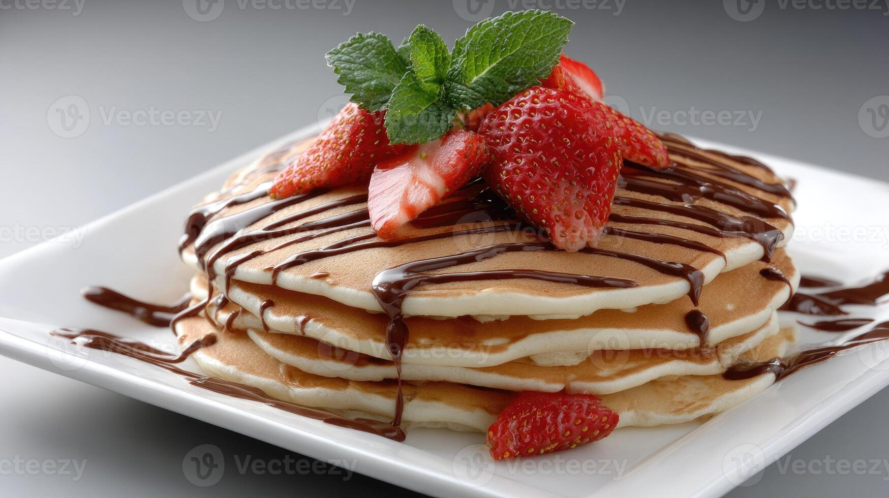 A stack of pancakes with strawberries and chocolate drizzle photo