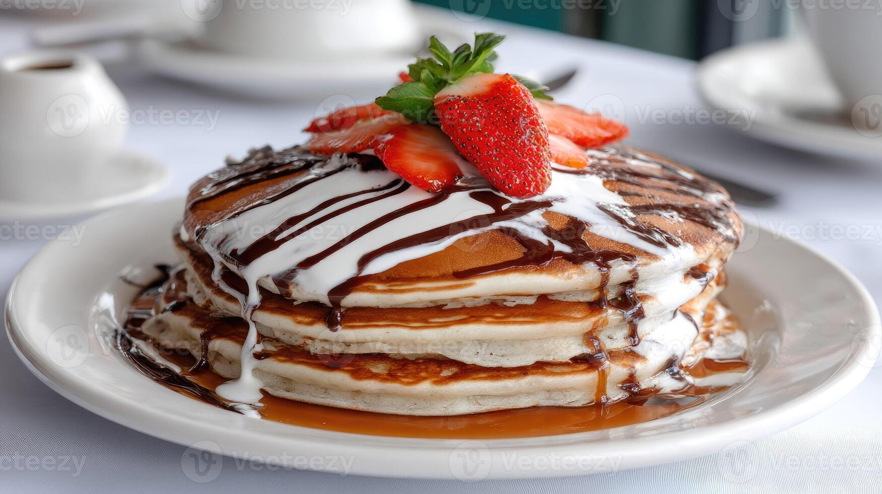 A stack of pancakes with chocolate syrup and strawberries photo