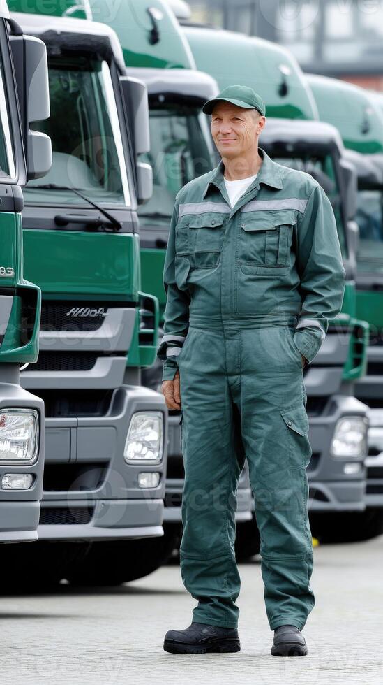 A man in a green uniform standing in front of a row of trucks photo