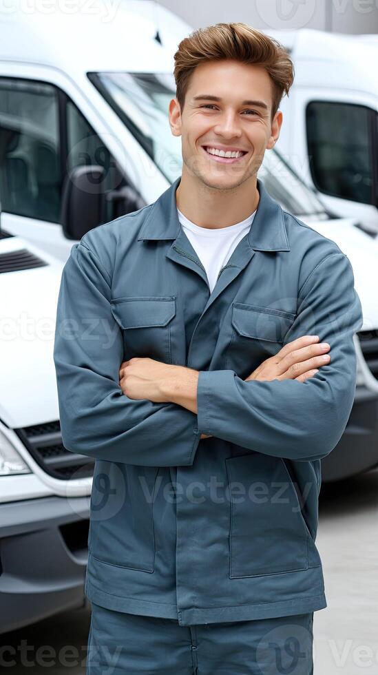 A man standing in front of a row of vans photo