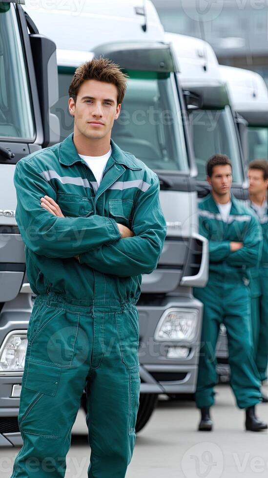 A man standing in front of a row of trucks photo