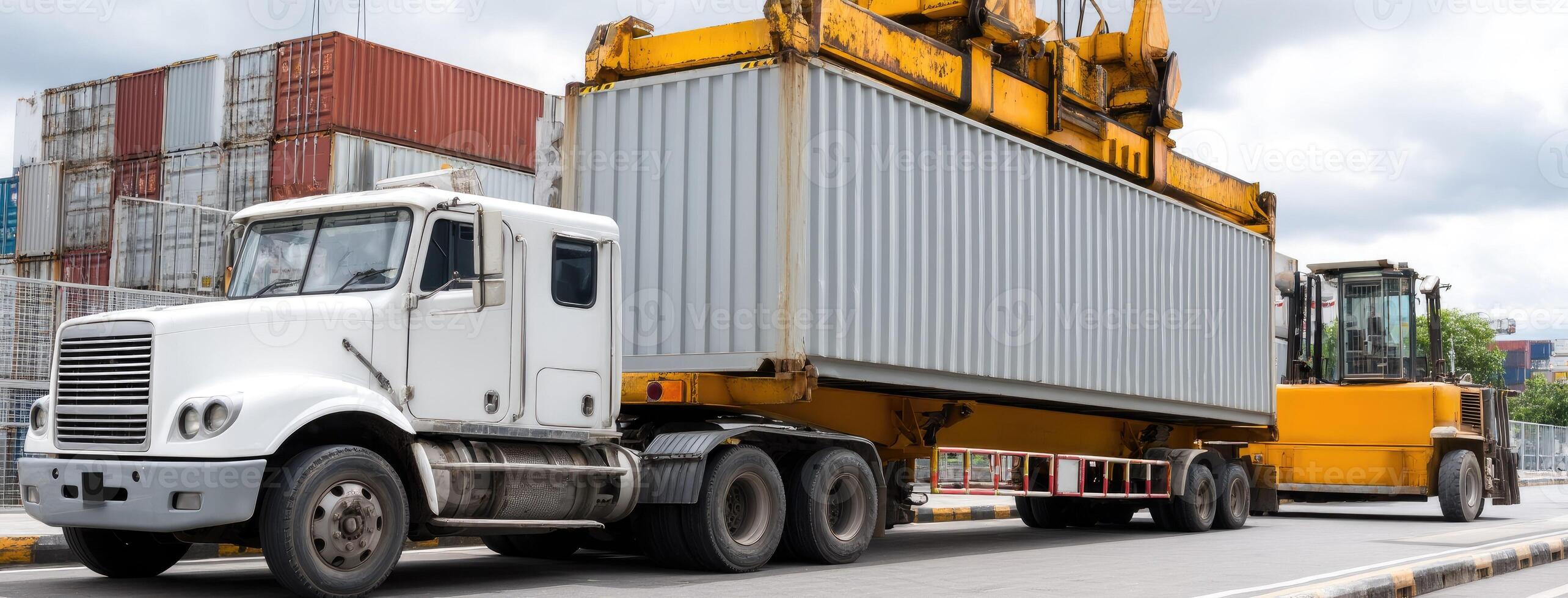 A large truck is driving down the road with a container on the back photo