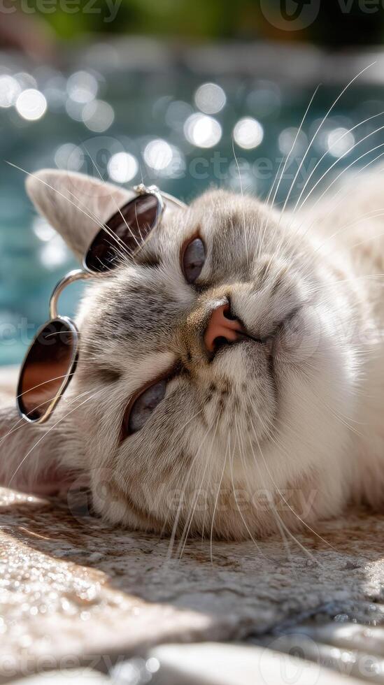 A cat wearing sunglasses laying on a pool photo