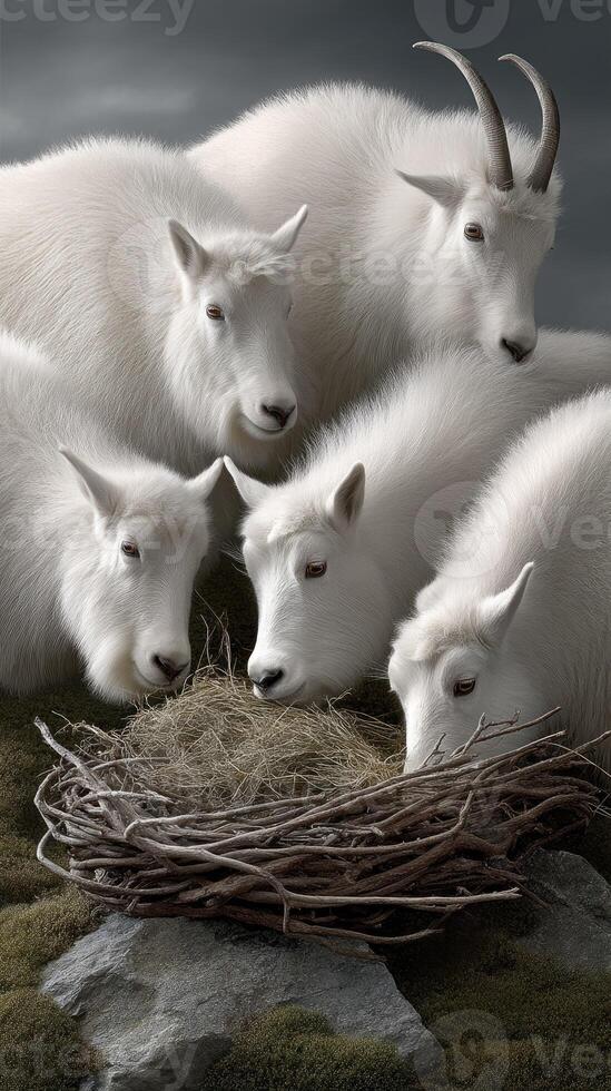 A group of goats are sitting in a nest photo