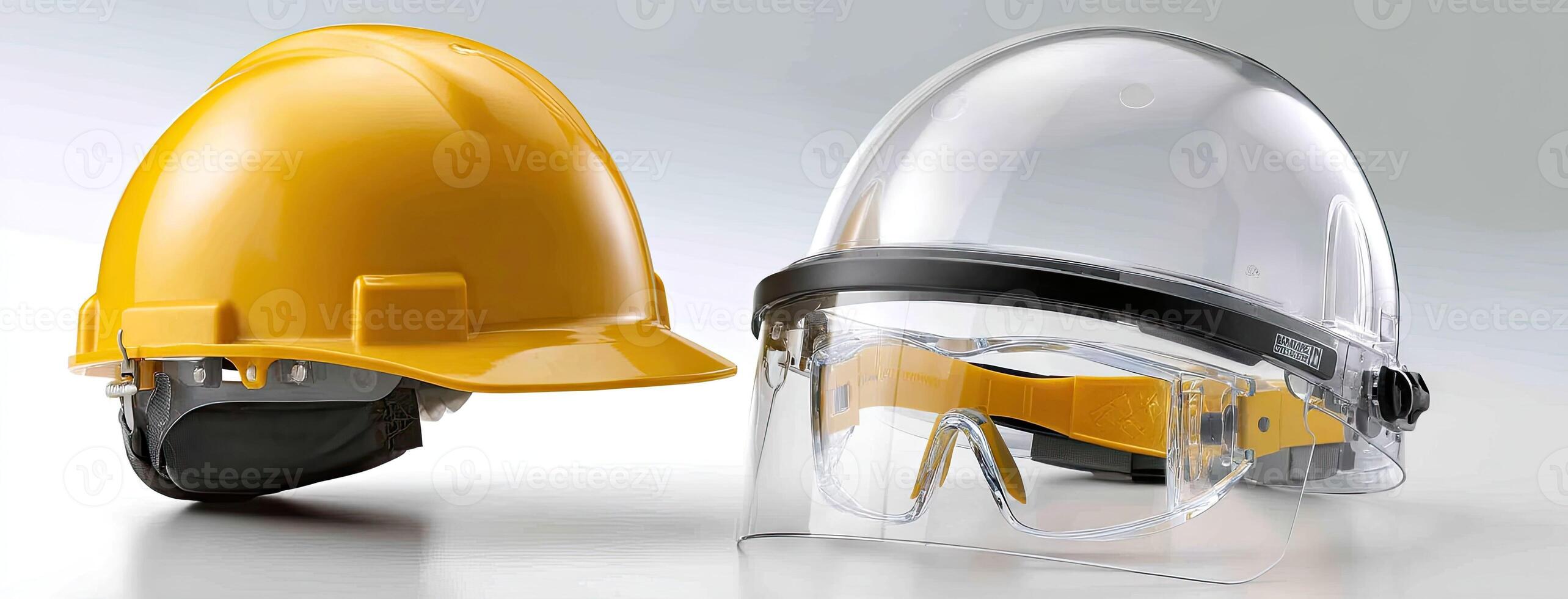 Two helmets and a face shield on a white surface photo