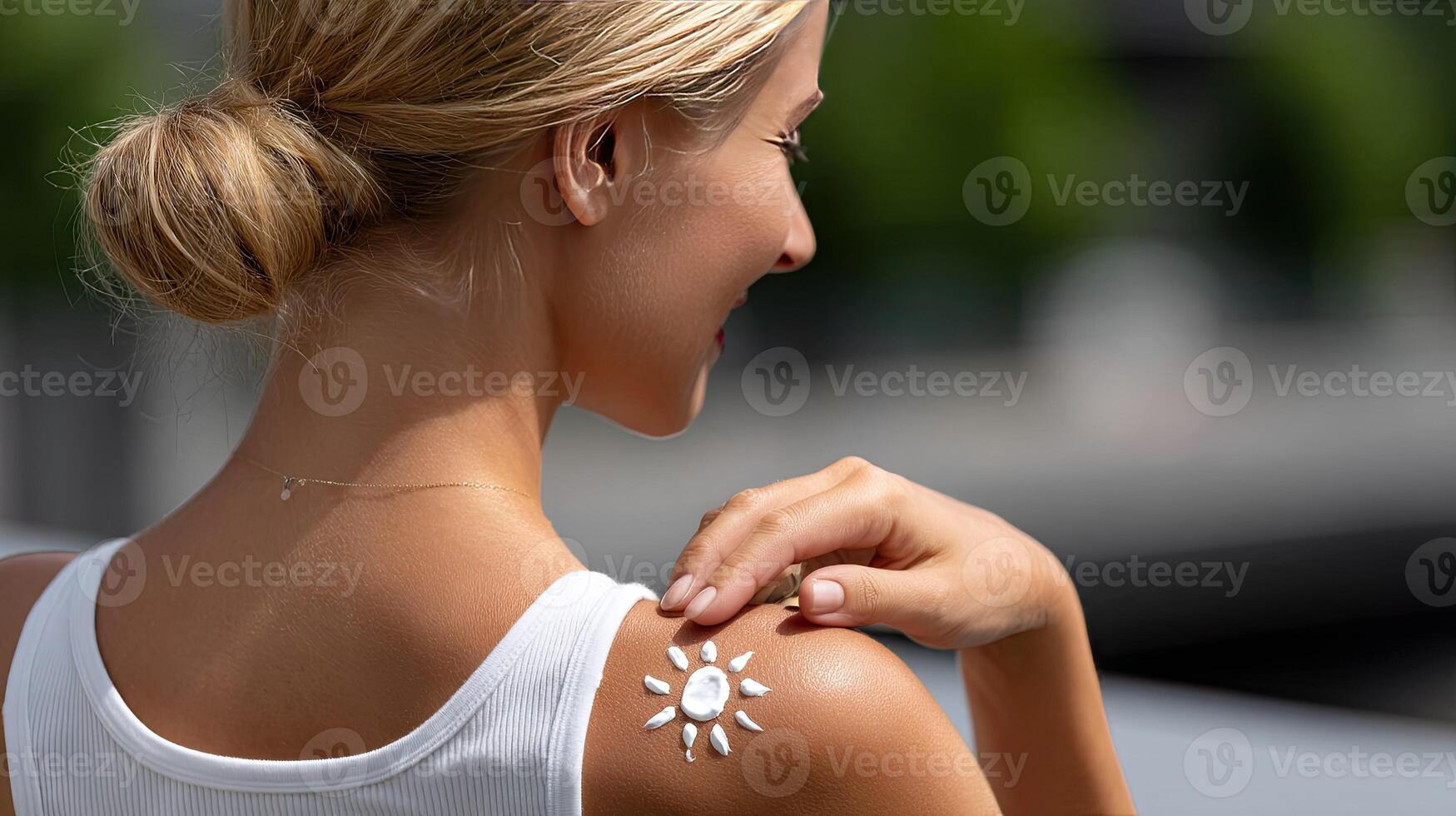A woman is applying sunscreen to her back photo