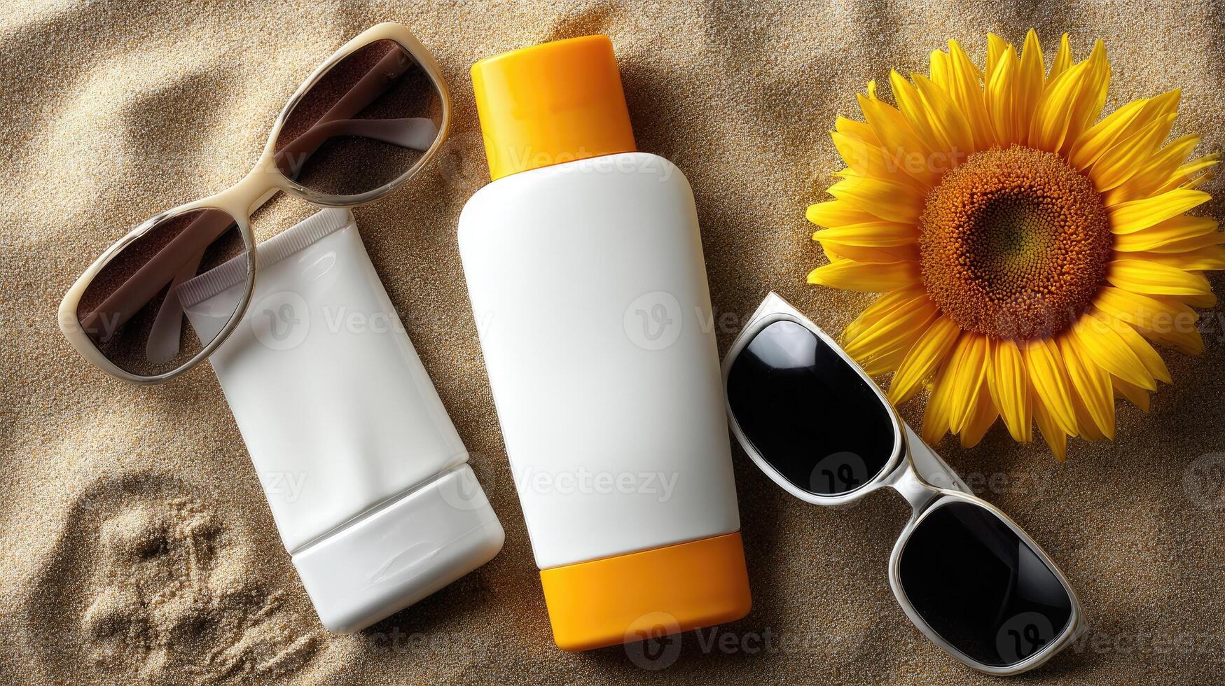 Sunflower, sunglasses, sunscreen and sunglasses on sand photo