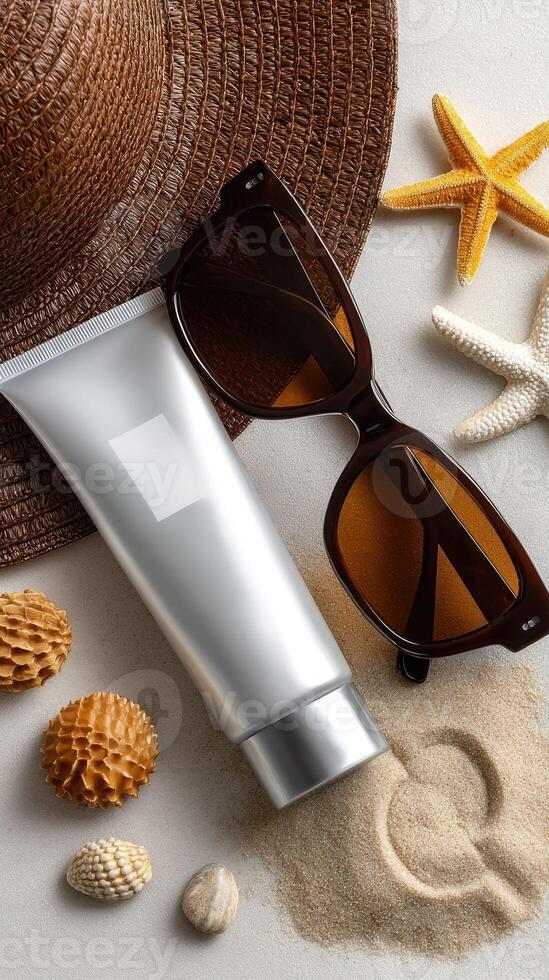 Sunscreen, sunglasses, and starfish on a white background photo