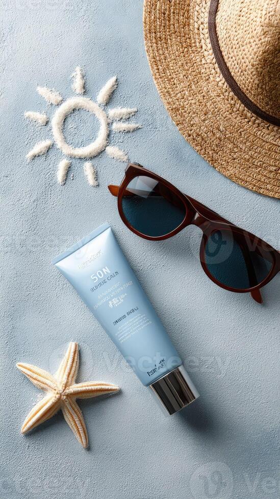 A hat, sunglasses, sunscreen and starfish on a blue surface photo