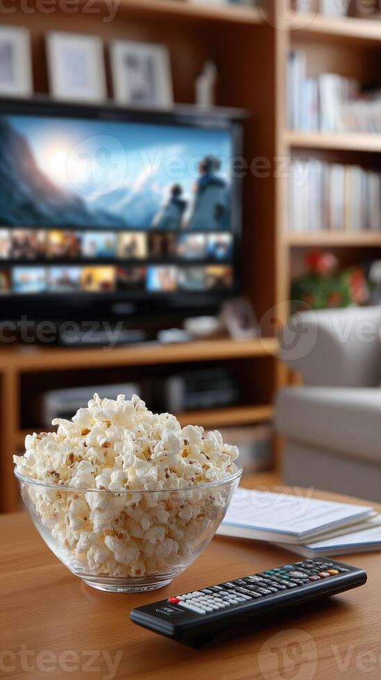 A bowl of popcorn and remote control on a table in front of a tv photo