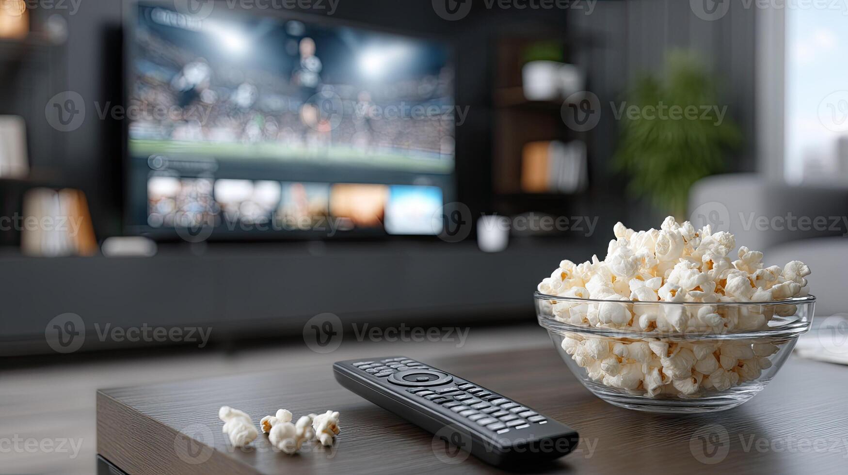 A remote control and a bowl of popcorn on a table photo