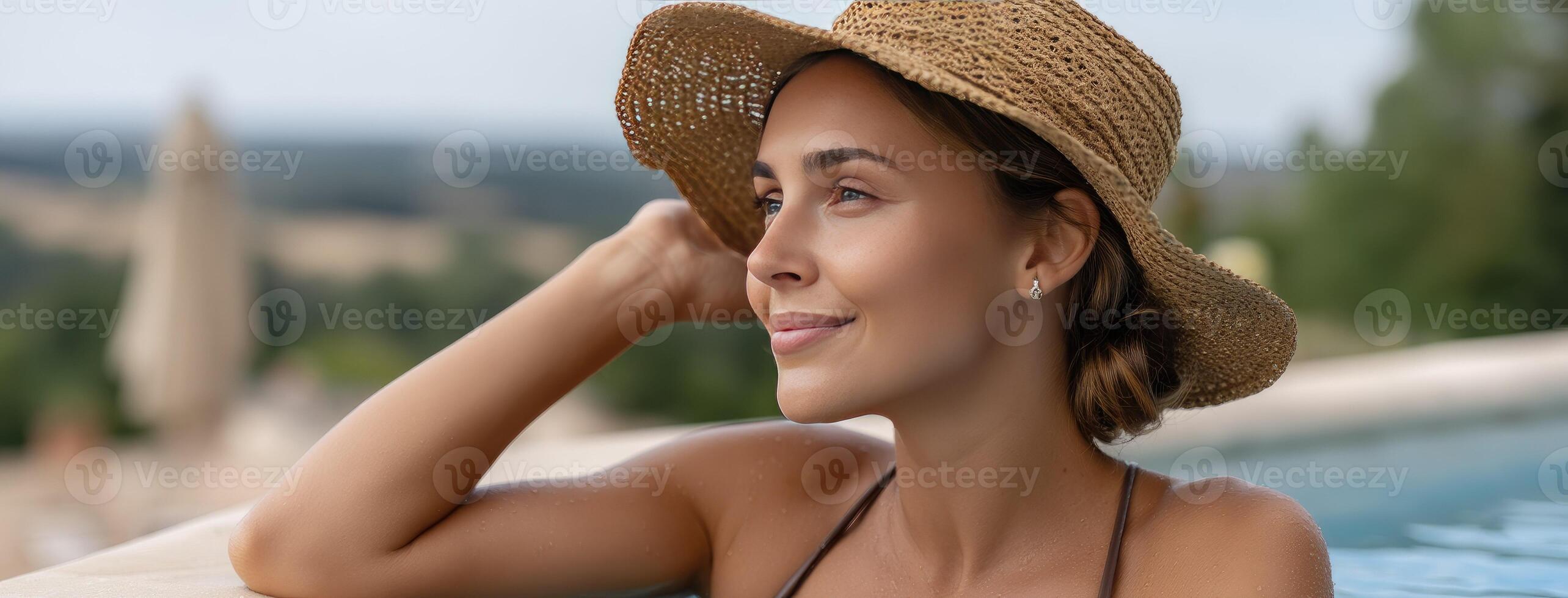 A woman in a straw hat sitting in a pool photo