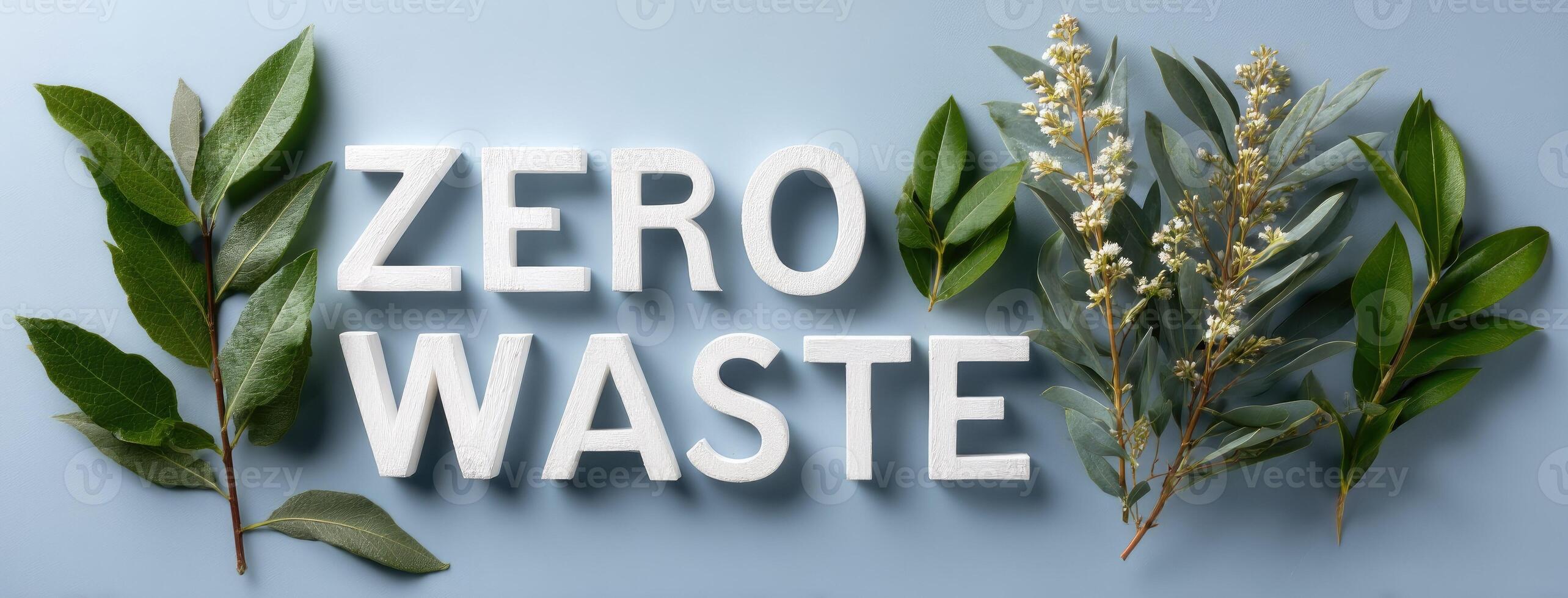 Zero waste concept with green leaves and white text on blue background photo
