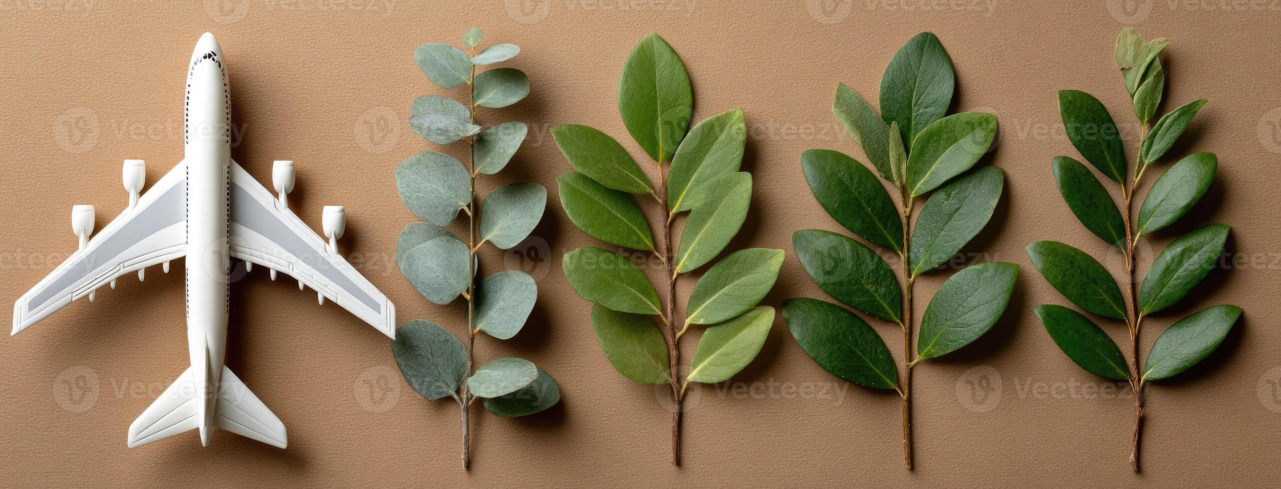 Paper airplane and leaves on brown background photo