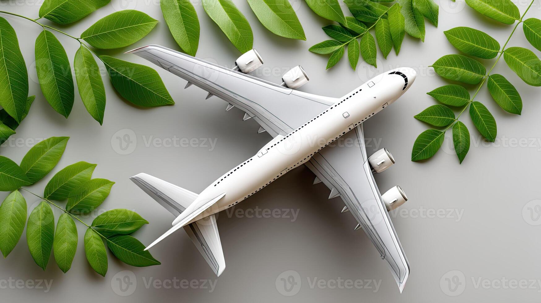 A model airplane is surrounded by green leaves photo