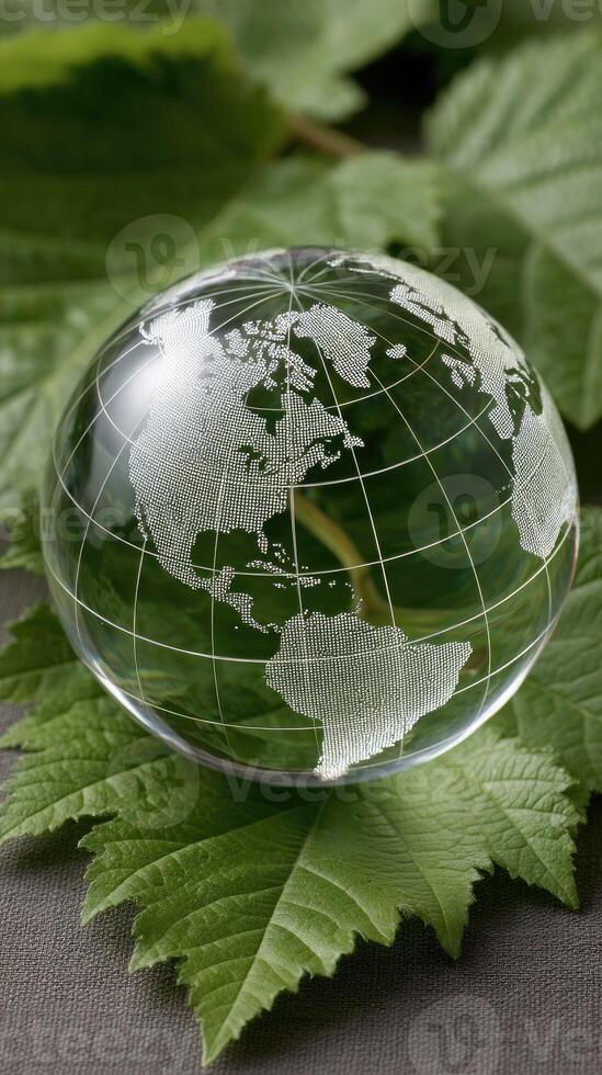 A globe in a glass sphere on top of a leaf photo