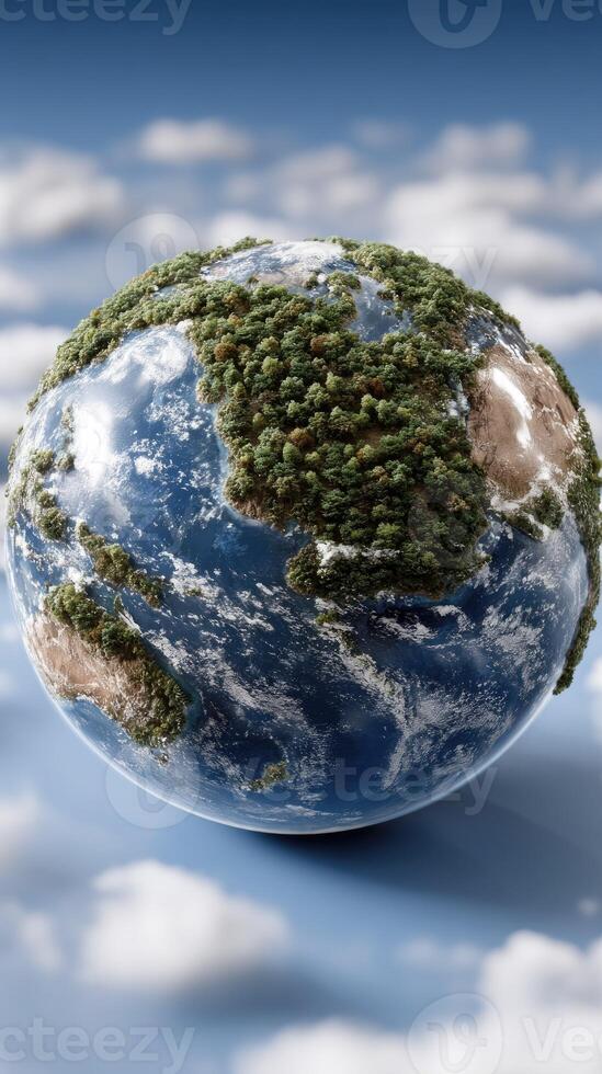 A globe with trees and clouds in the sky photo