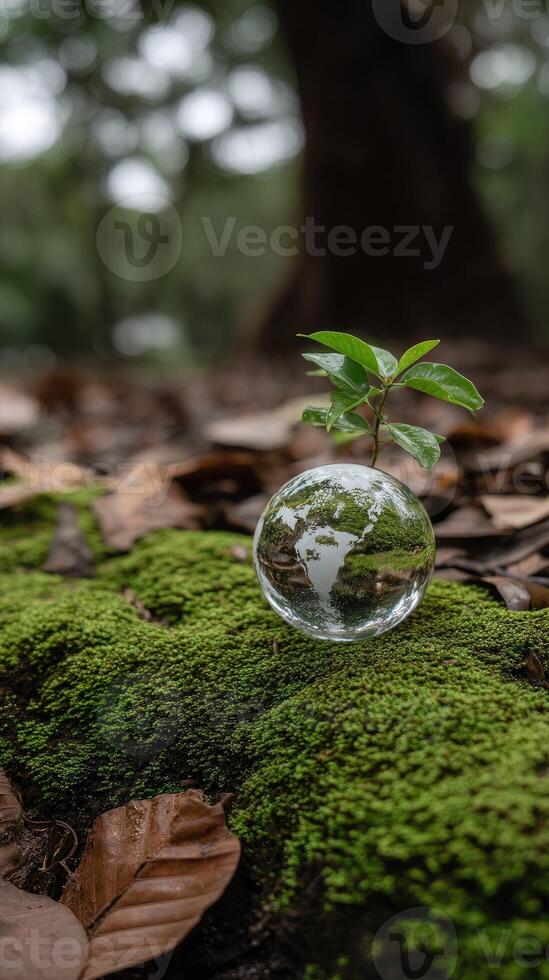A small plant growing in a glass globe on the ground photo
