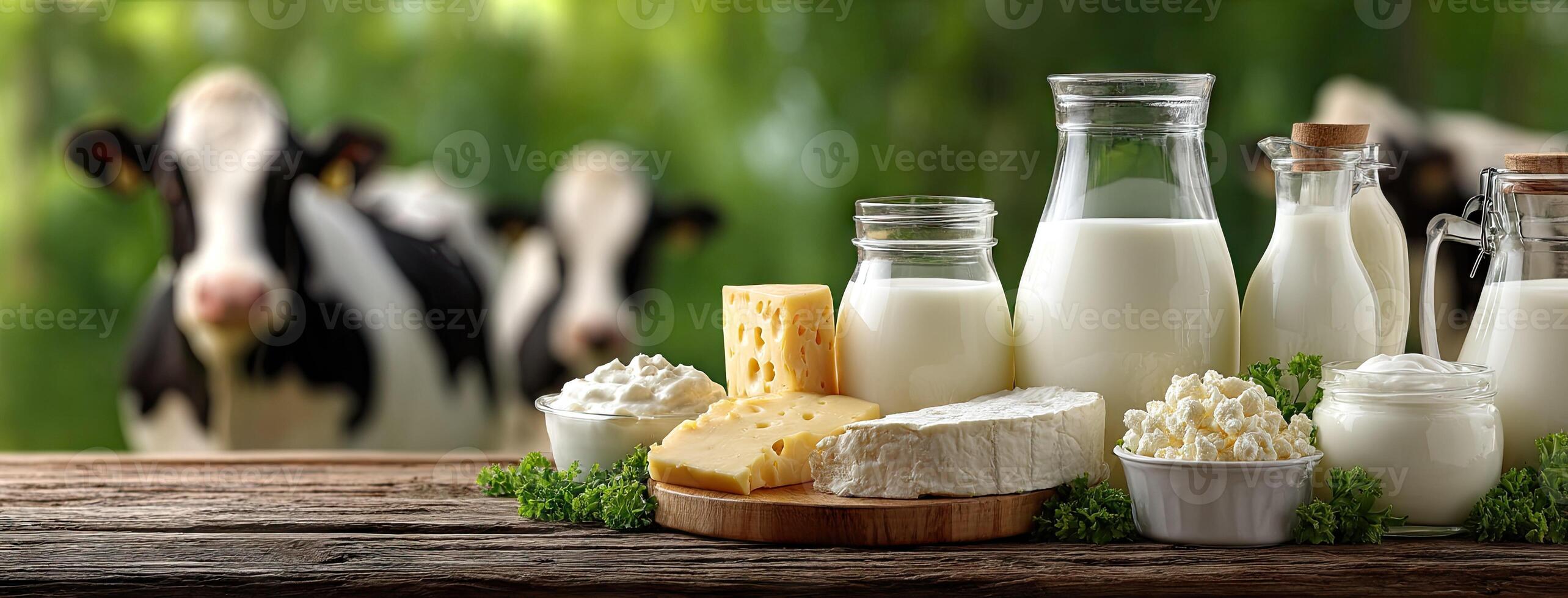 Dairy products and milk on a wooden table photo