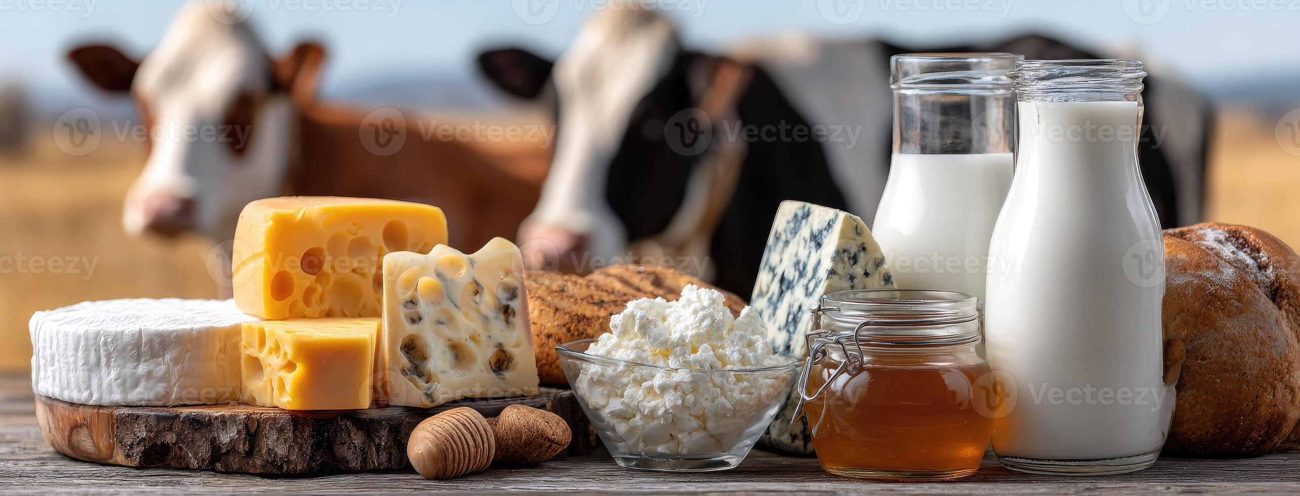 Dairy products and cheese on a table with cows in the background photo