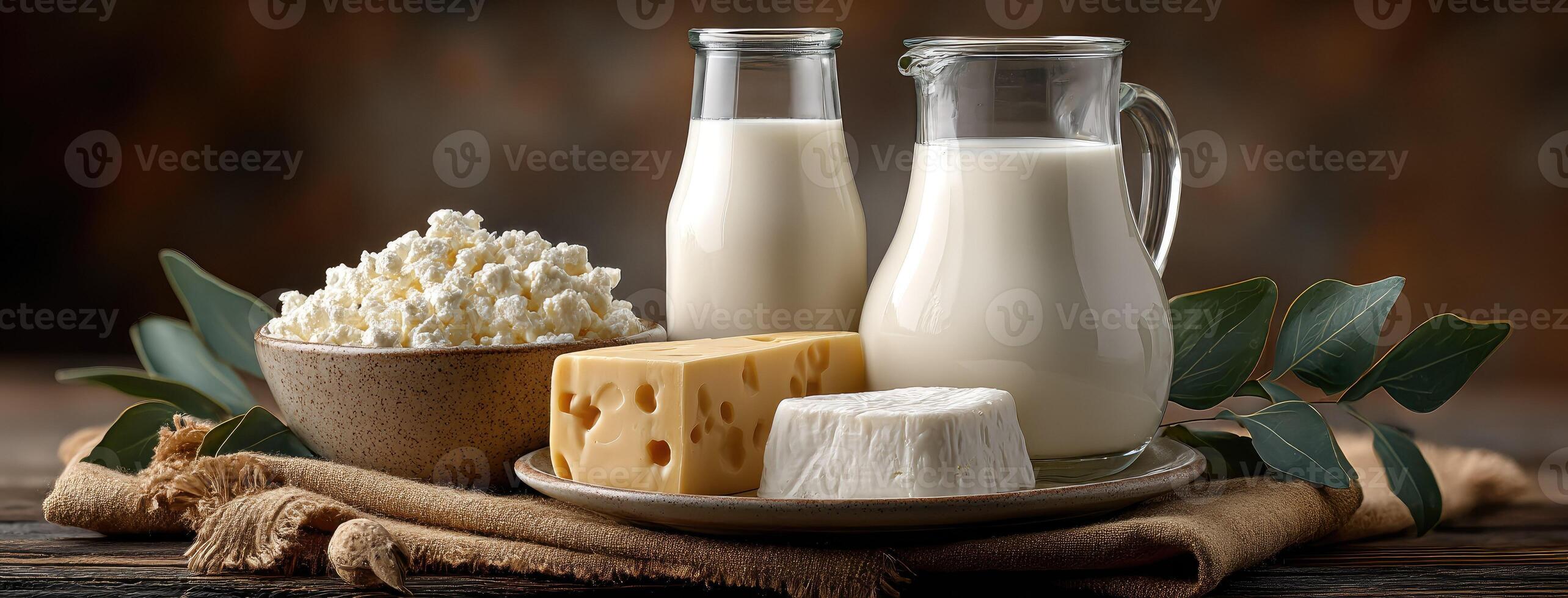 Dairy products on a wooden table photo