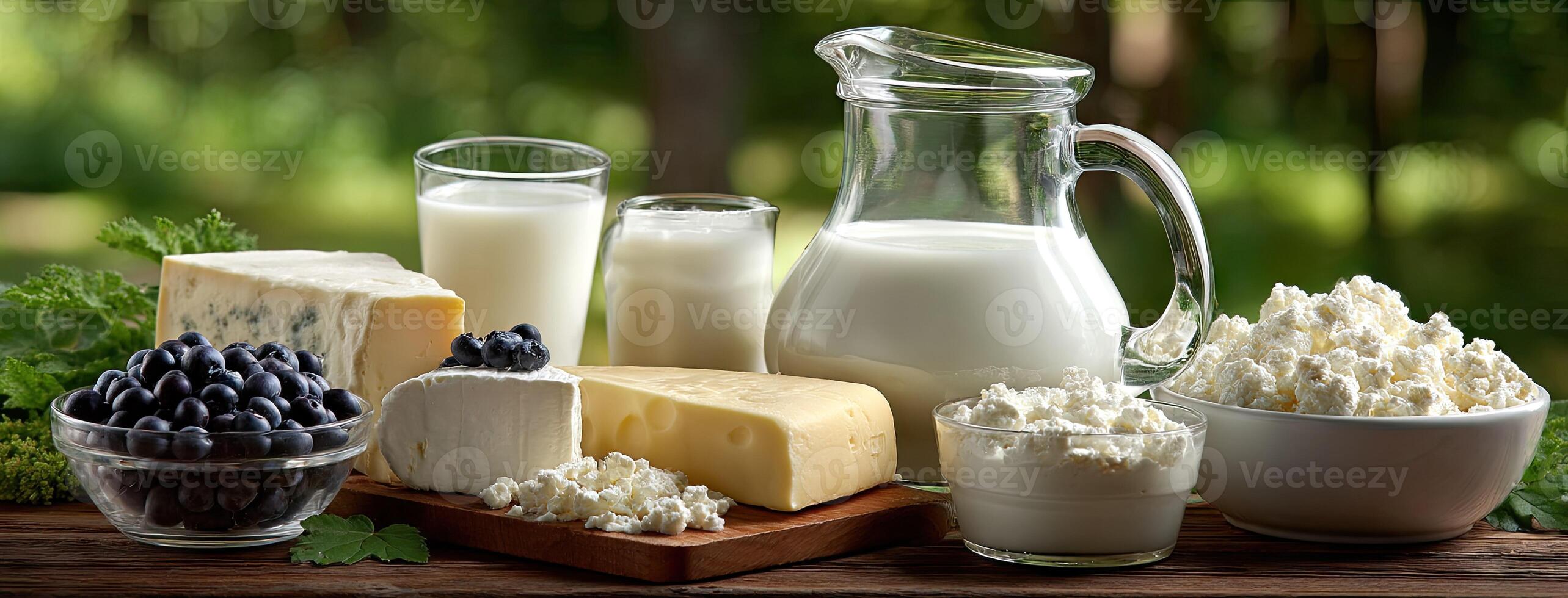 Dairy products and cheese on a table photo